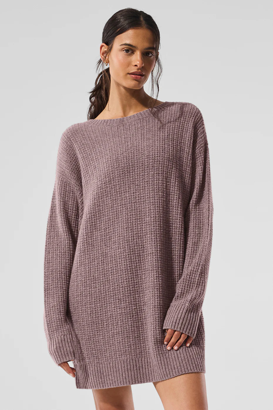 Relaxed Fit Waffle Knit Sweater Dress in Mauve