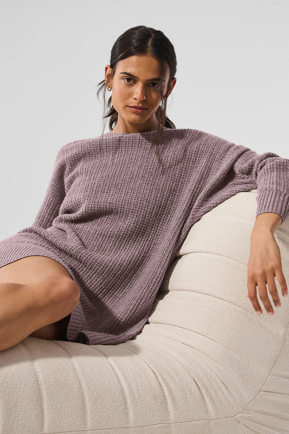Relaxed Fit Waffle Knit Sweater Dress in Mauve
